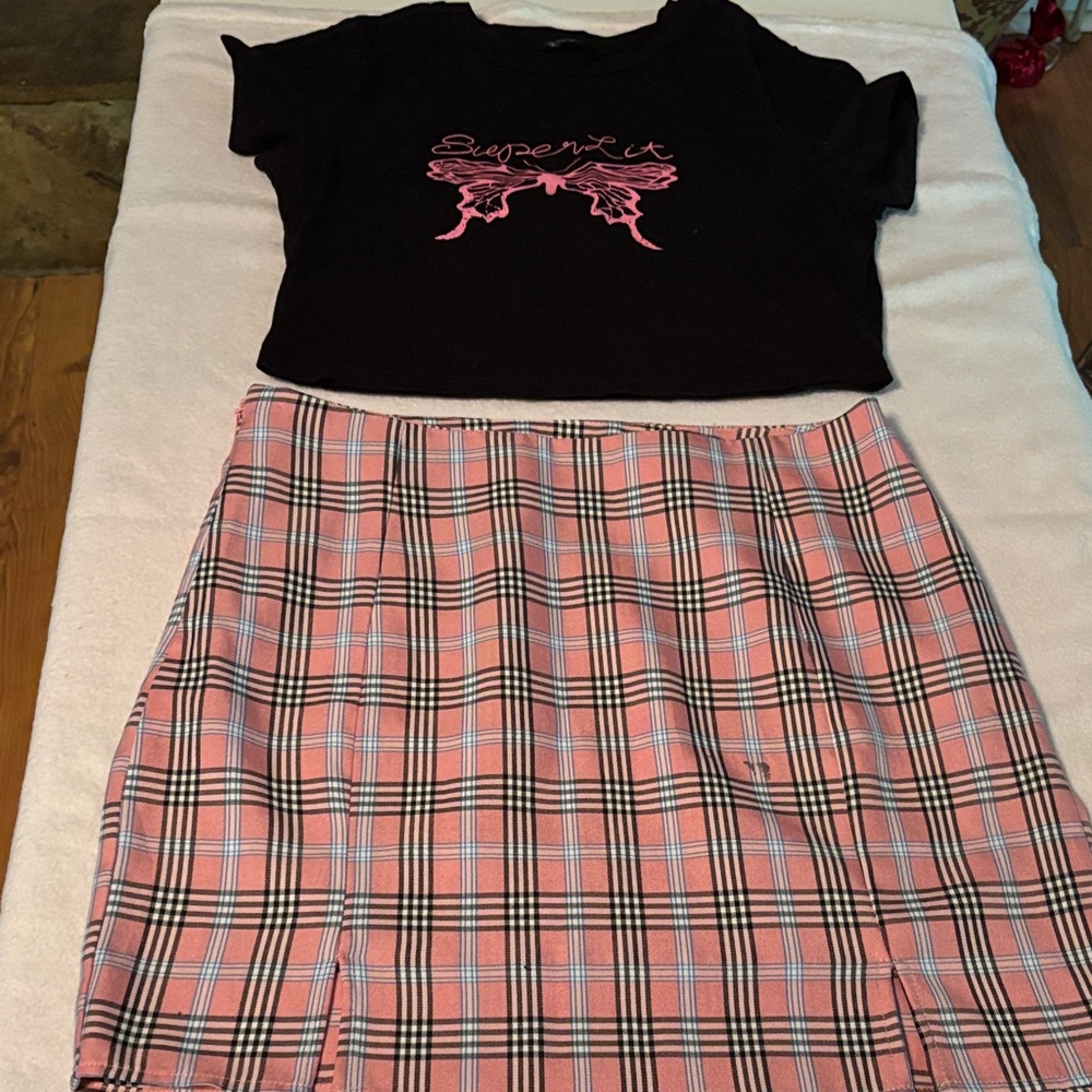SHEIN Black Crewneck Tee and Plaid Mini Skirt set.